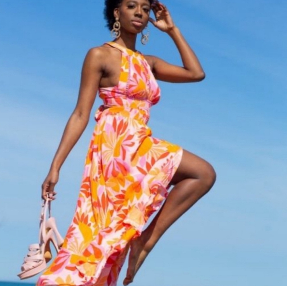 NWT Anthropologie ATL Abel the Label Floral Halter Maxi Dress w/ Tie Back